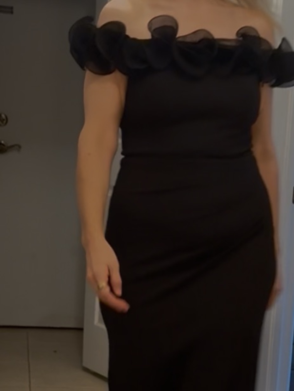 Off-Shoulder Black Ruffle Evening Dress